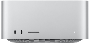 Vista frontal de una Mac Studio con dos puertos USB-C y la ranura para tarjeta SDXC